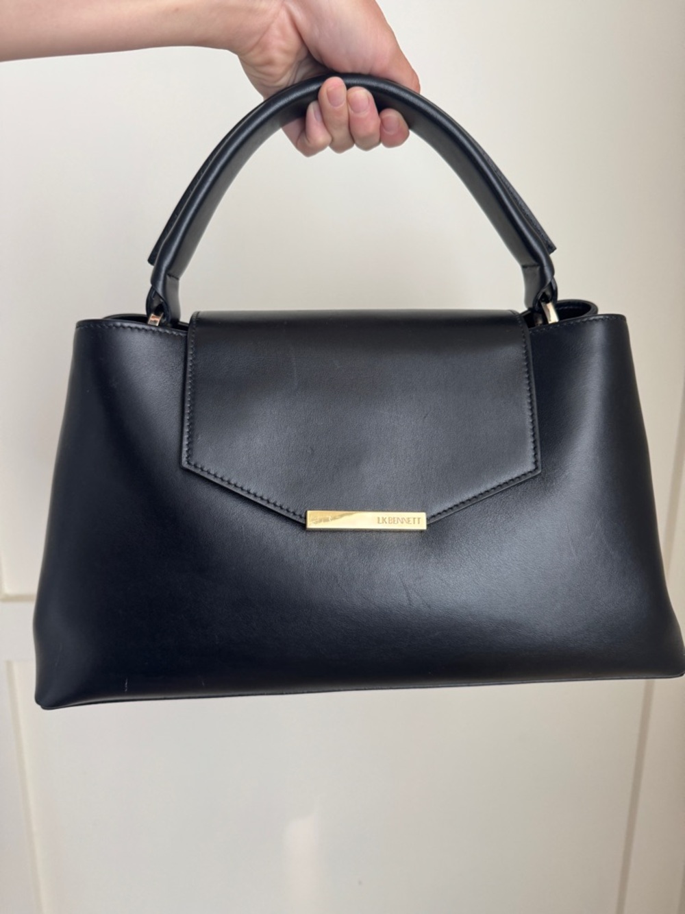 LK Bennett Black Leather Top-Handle Satchel with Gold Plaque